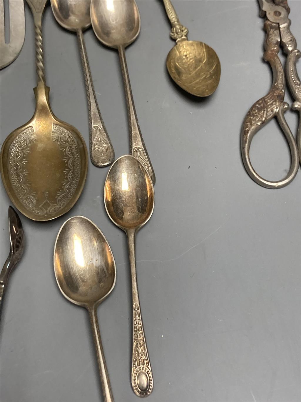 Four silver condiments, two silver thimbles, two Indian? salts and assorted plated flatware etc.